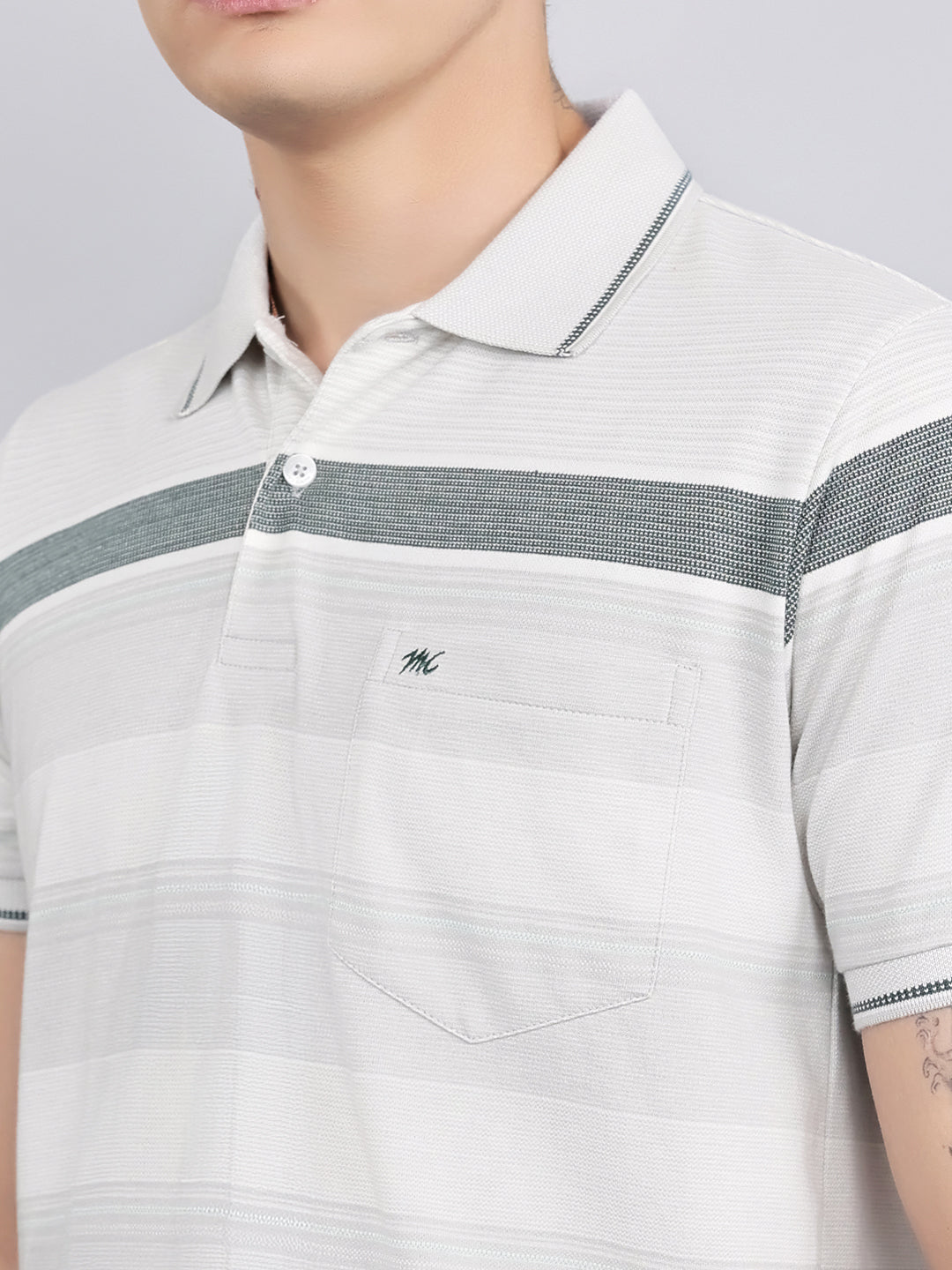 Men Grey Stripe Collar Half Sleeve T-Shirt