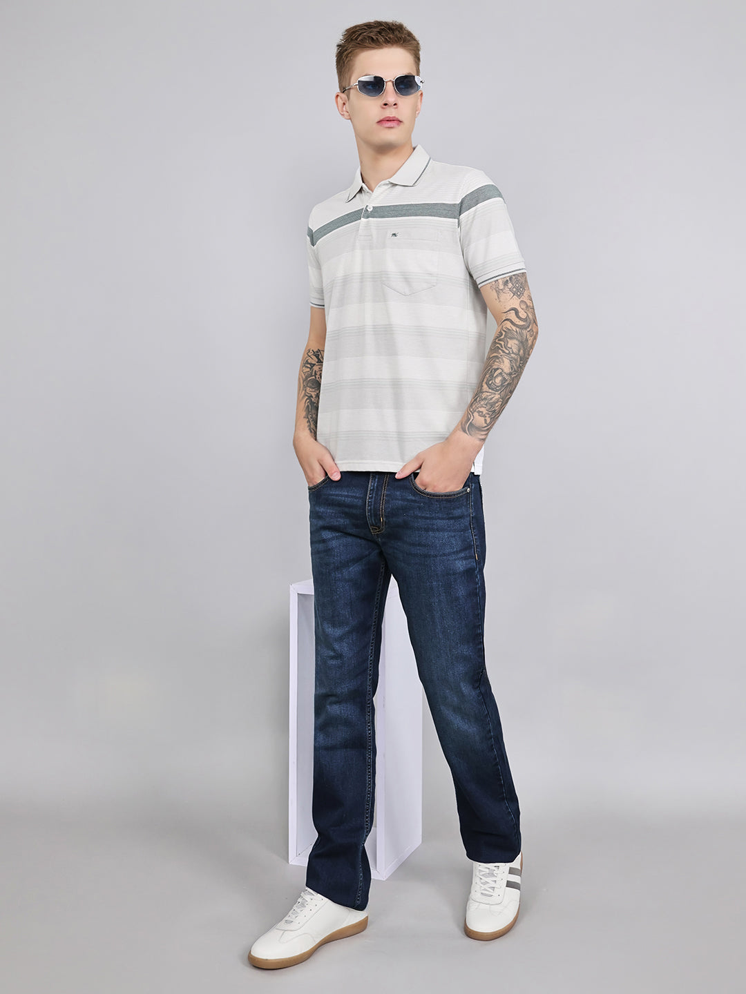 Men Grey Stripe Collar Half Sleeve T-Shirt
