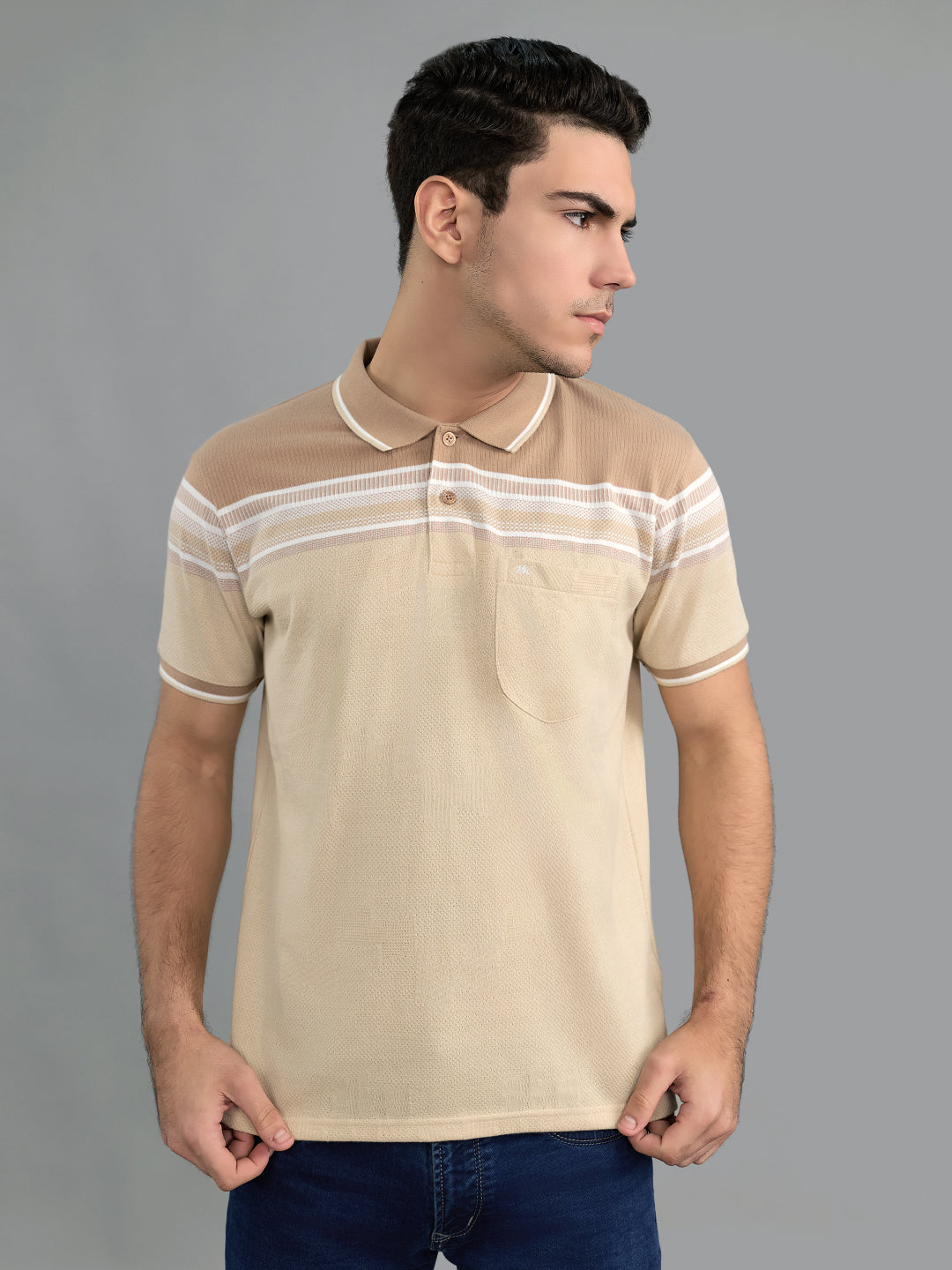 Men Camel Brown Stripe Collar Half Sleeve T-Shirt
