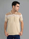 Men Camel Brown Stripe Collar Half Sleeve T-Shirt
