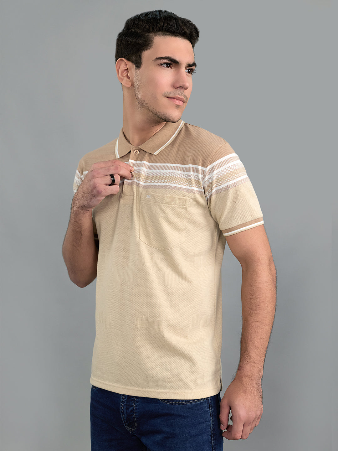 Men Camel Brown Stripe Collar Half Sleeve T-Shirt