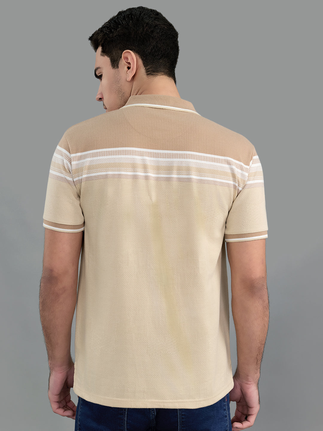 Men Camel Brown Stripe Collar Half Sleeve T-Shirt