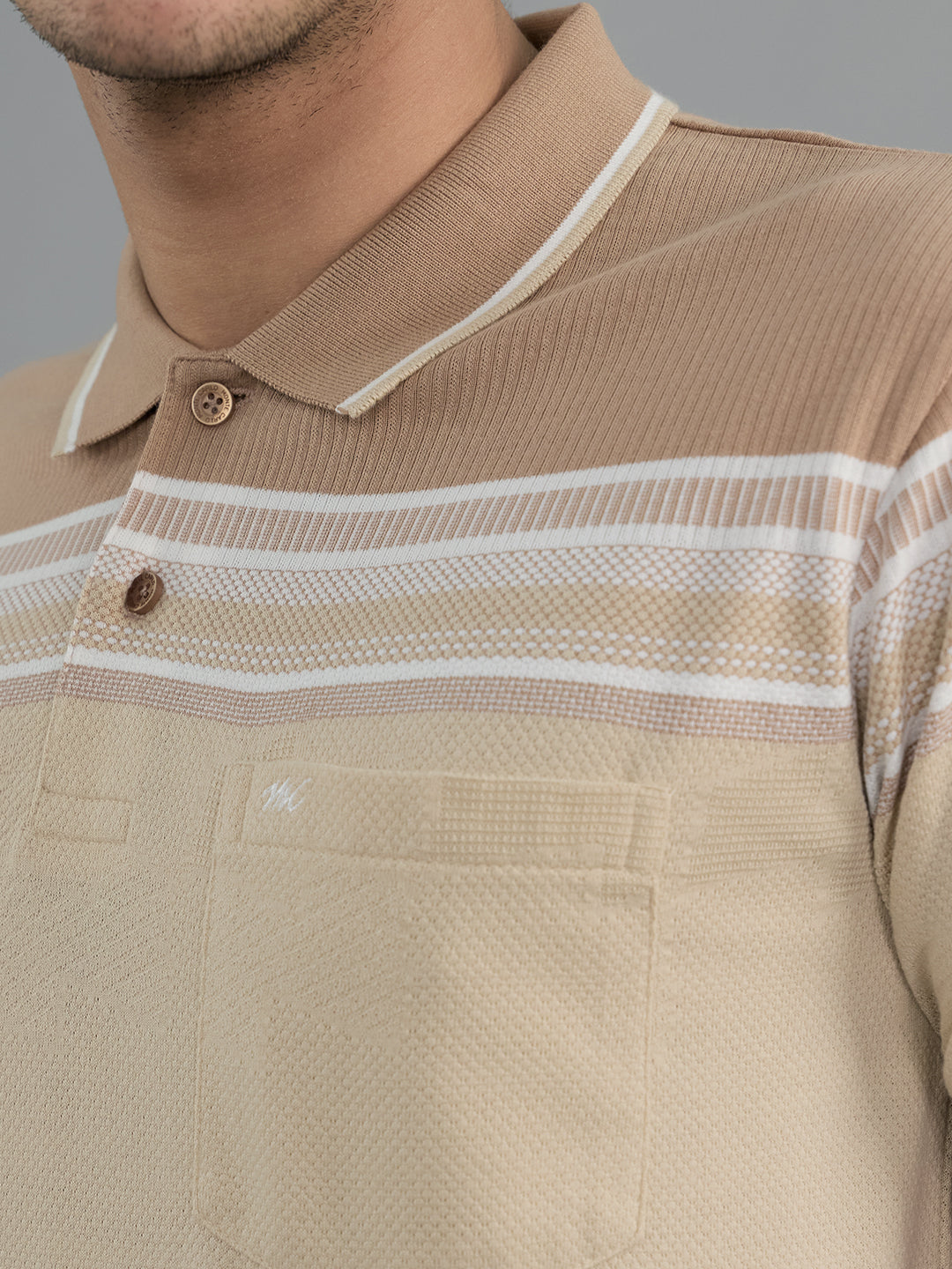 Men Camel Brown Stripe Collar Half Sleeve T-Shirt