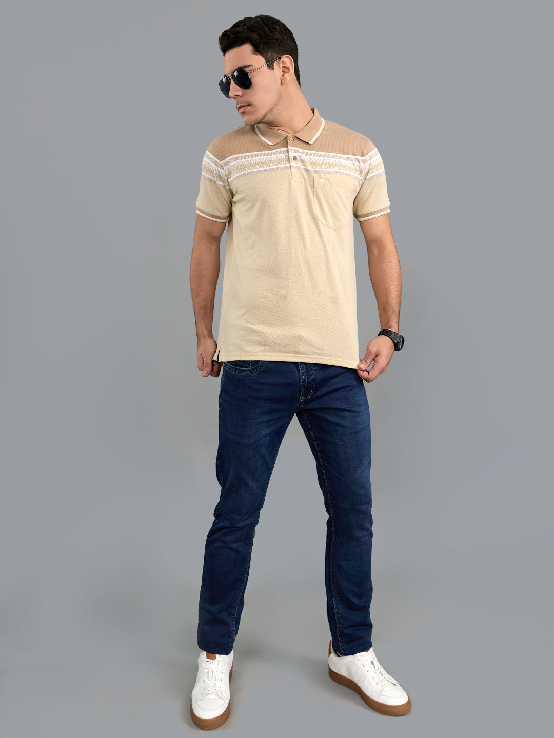 Men Camel Brown Stripe Collar Half Sleeve T-Shirt