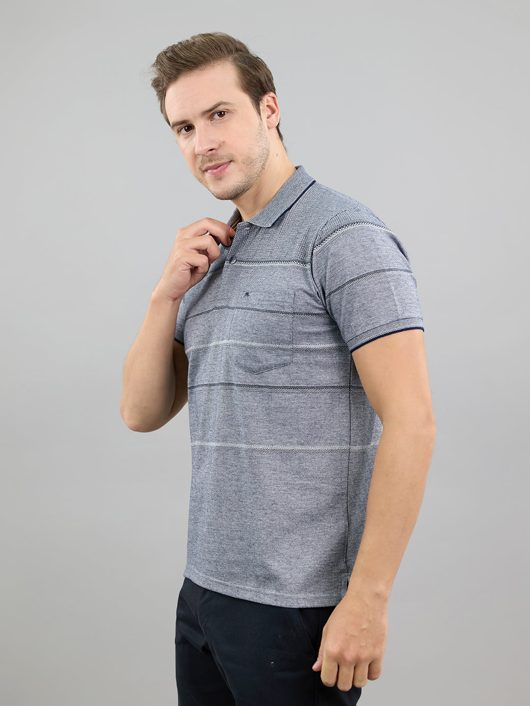 Men Navy Blue Stripe Polo Collar Half Sleeve T-Shirt
