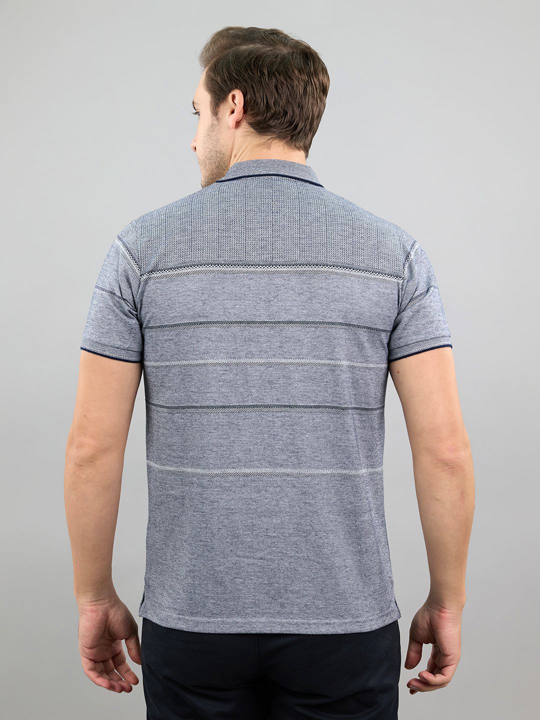 Men Navy Blue Stripe Polo Collar Half Sleeve T-Shirt