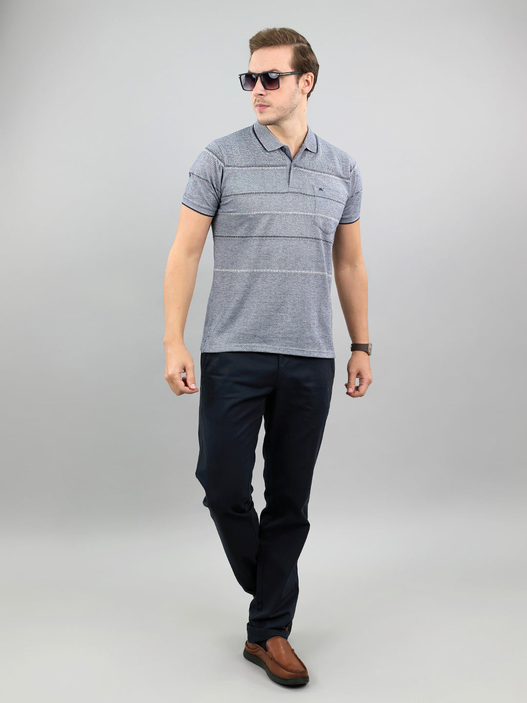Men Navy Blue Stripe Polo Collar Half Sleeve T-Shirt