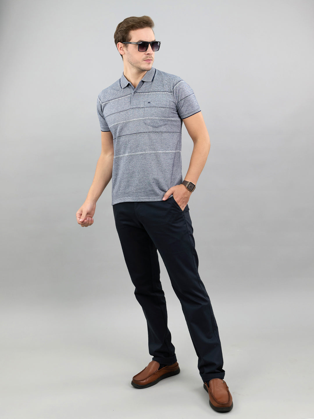 Men Navy Blue Stripe Polo Collar Half Sleeve T-Shirt