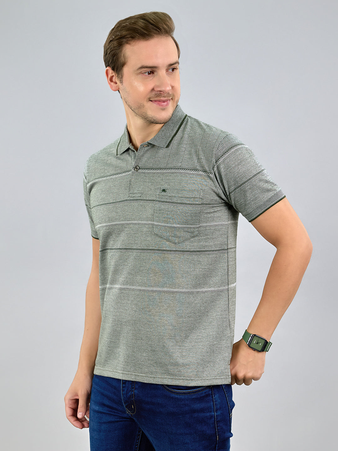 Men Olive Stripe Polo Collar Half Sleeve T-Shirt