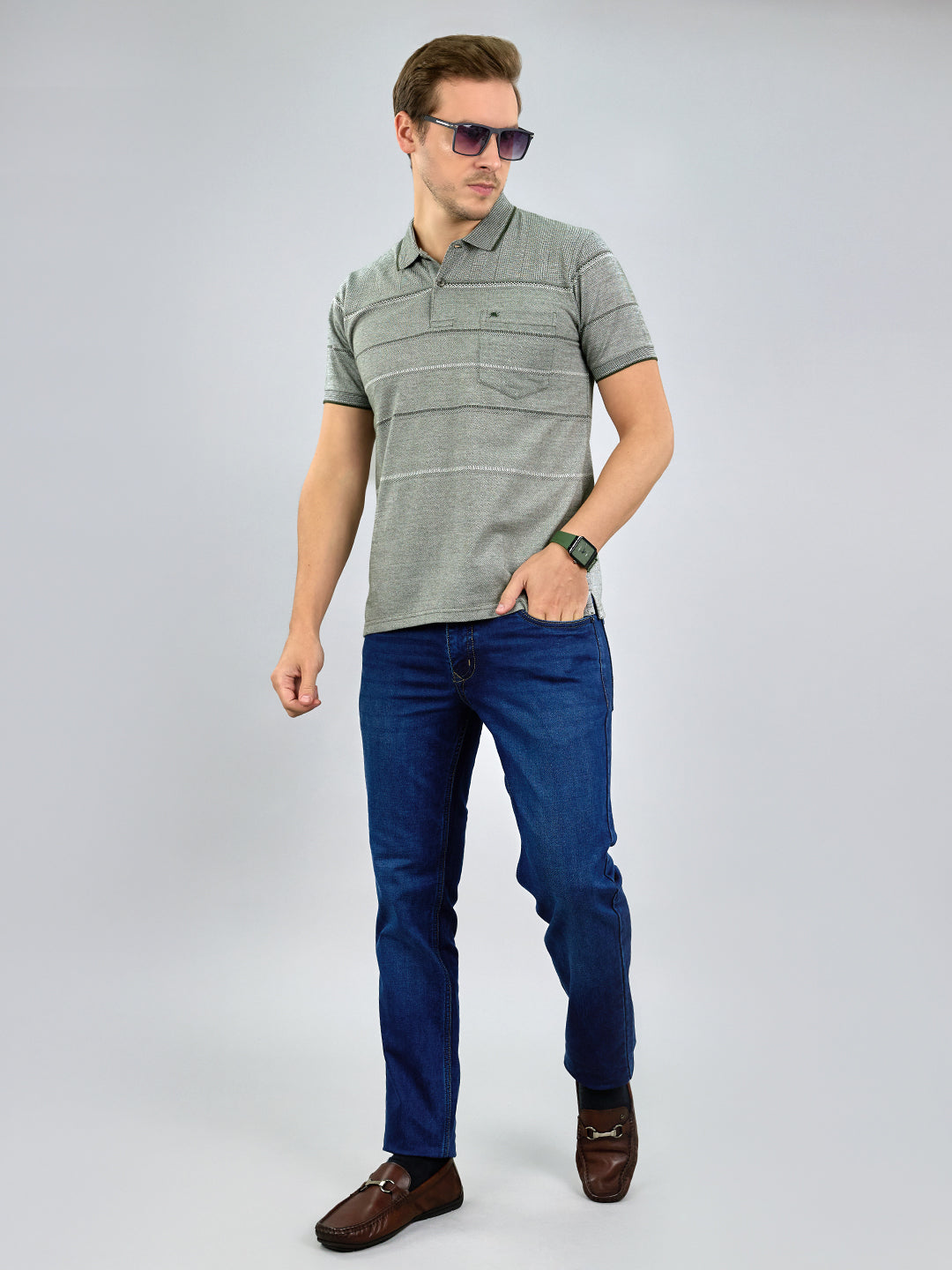 Men Olive Stripe Polo Collar Half Sleeve T-Shirt