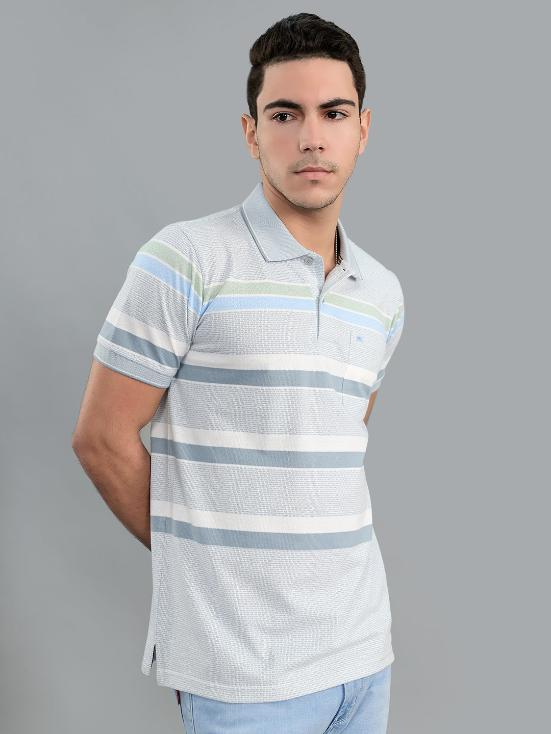 Men Grey Stripe Polo Collar Half Sleeve T-Shirt
