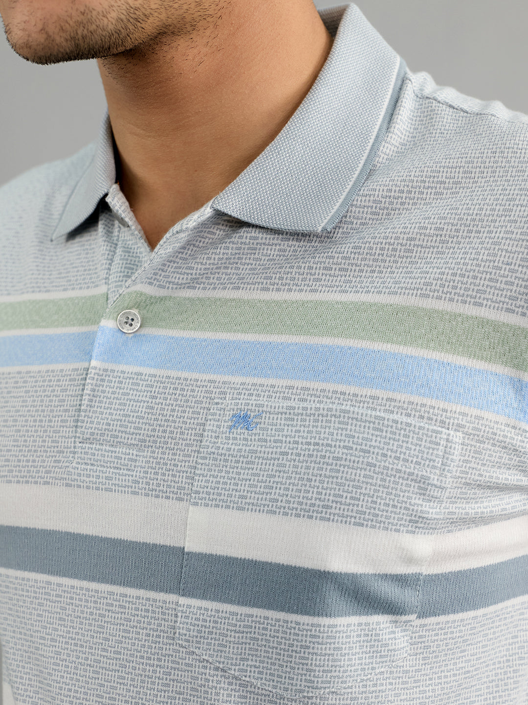 Men Grey Stripe Polo Collar Half Sleeve T-Shirt