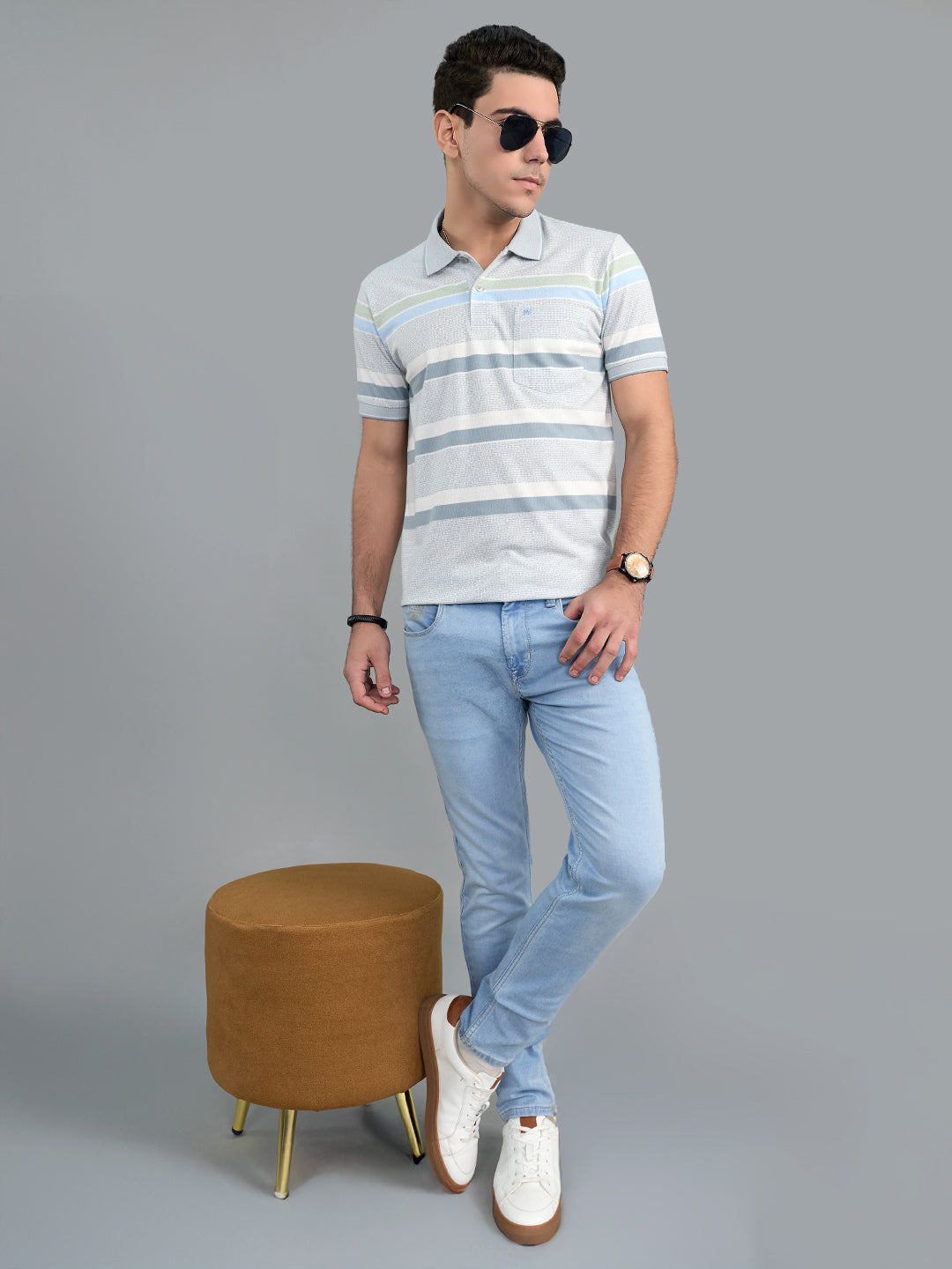 Men Grey Stripe Polo Collar Half Sleeve T-Shirt