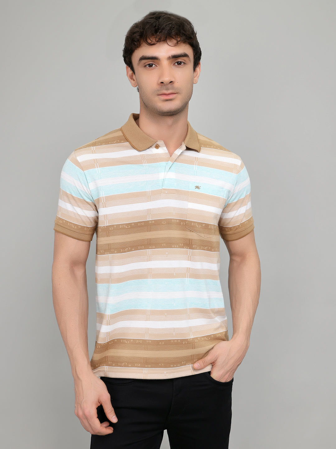 Men Brown Stripe Collar Half Sleeve T-Shirt