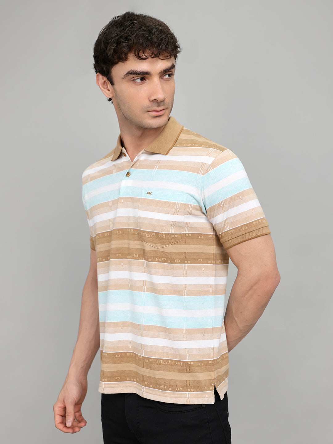 Men Brown Stripe Collar Half Sleeve T-Shirt