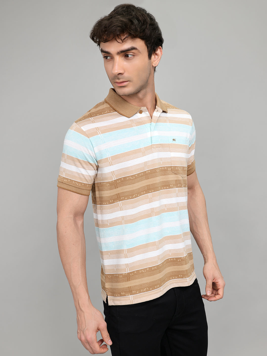 Men Brown Stripe Collar Half Sleeve T-Shirt