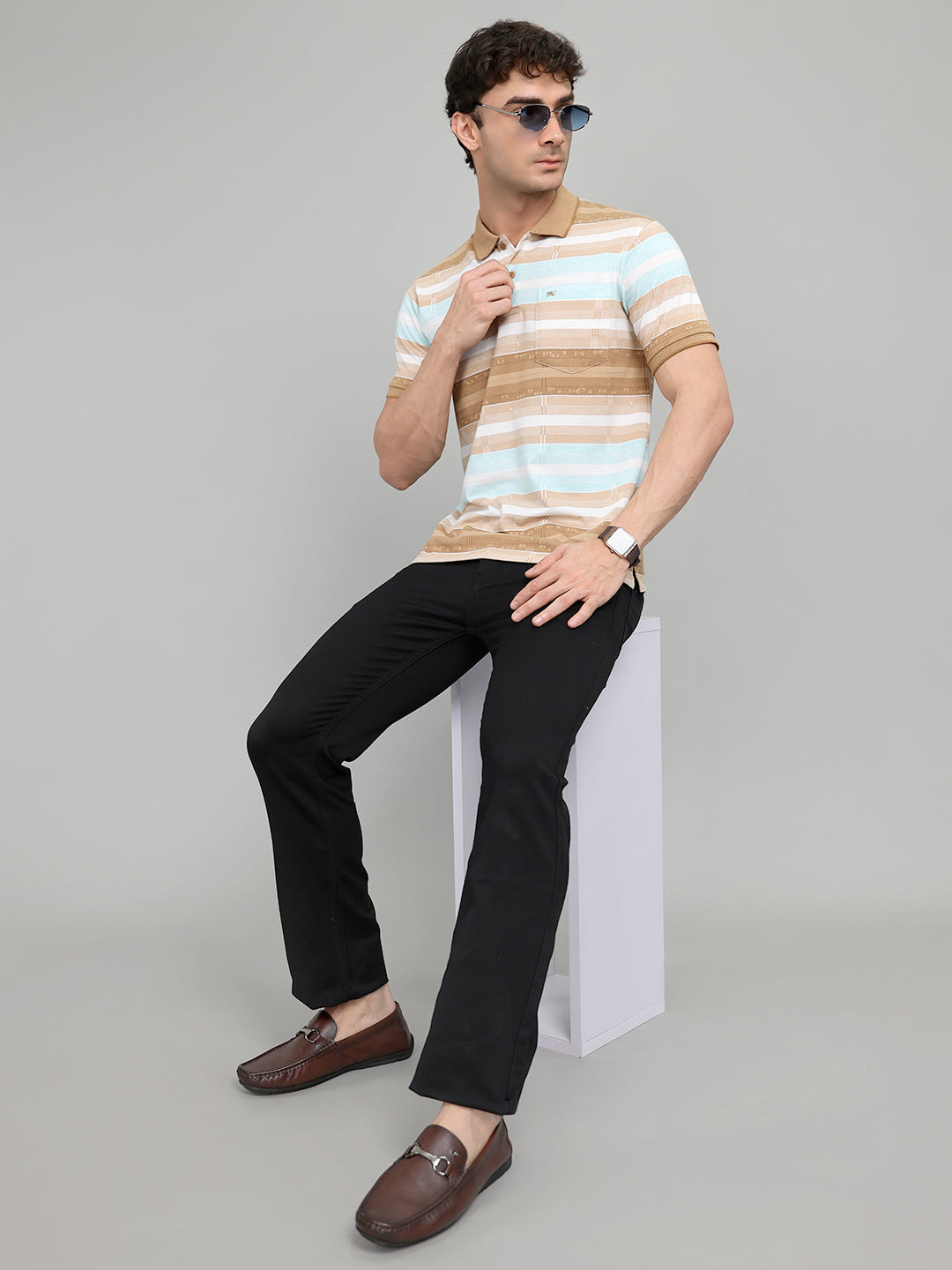 Men Brown Stripe Collar Half Sleeve T-Shirt