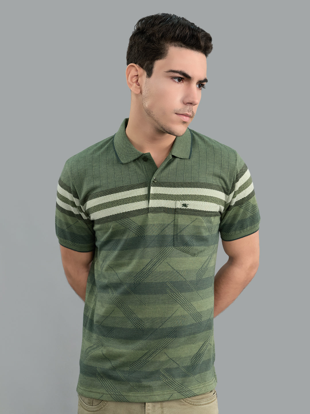 Men Olive Stripe Collar Half Sleeve T-Shirt