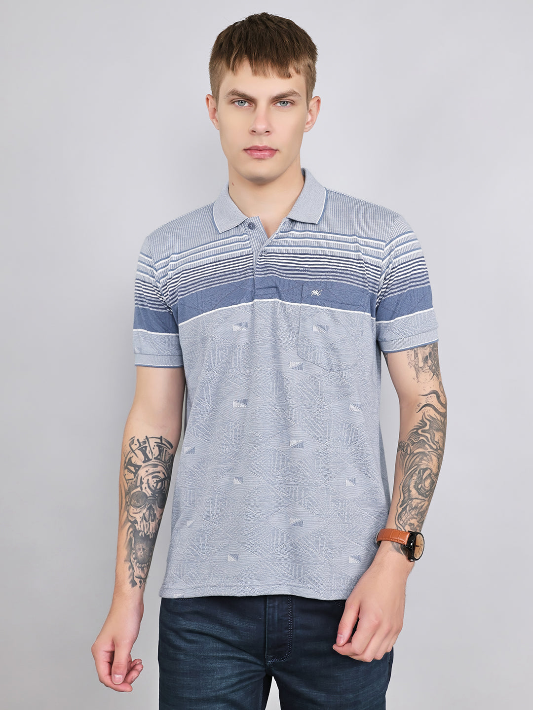 Men Grey Stripe Collar Half Sleeve T-Shirt