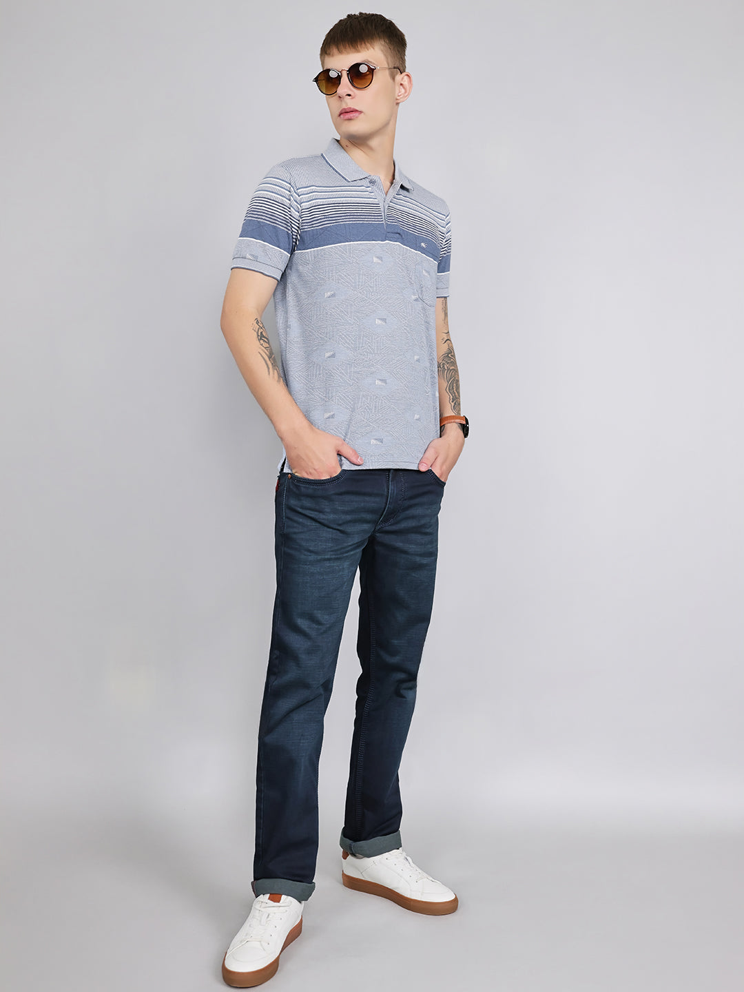 Men Grey Stripe Collar Half Sleeve T-Shirt
