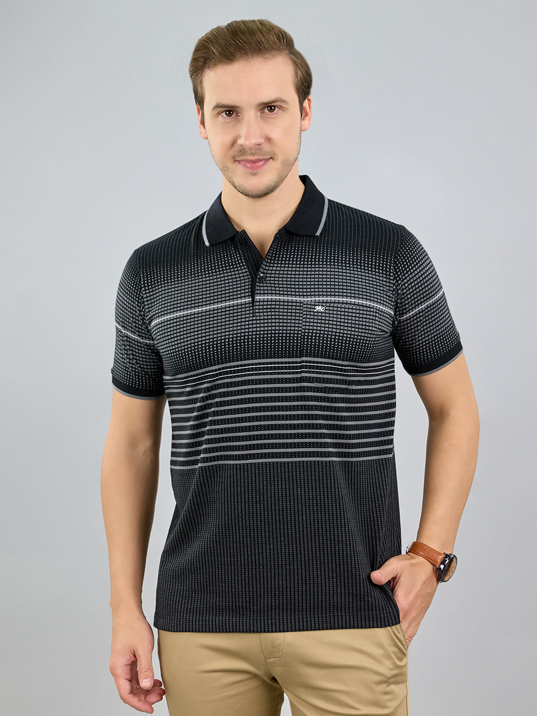 Men Black Stripe Polo Collar Half Sleeve T-Shirt
