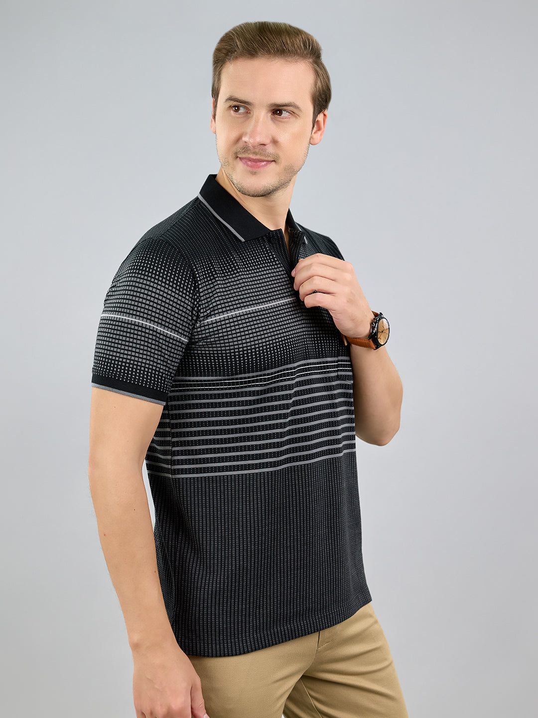 Men Black Stripe Polo Collar Half Sleeve T-Shirt