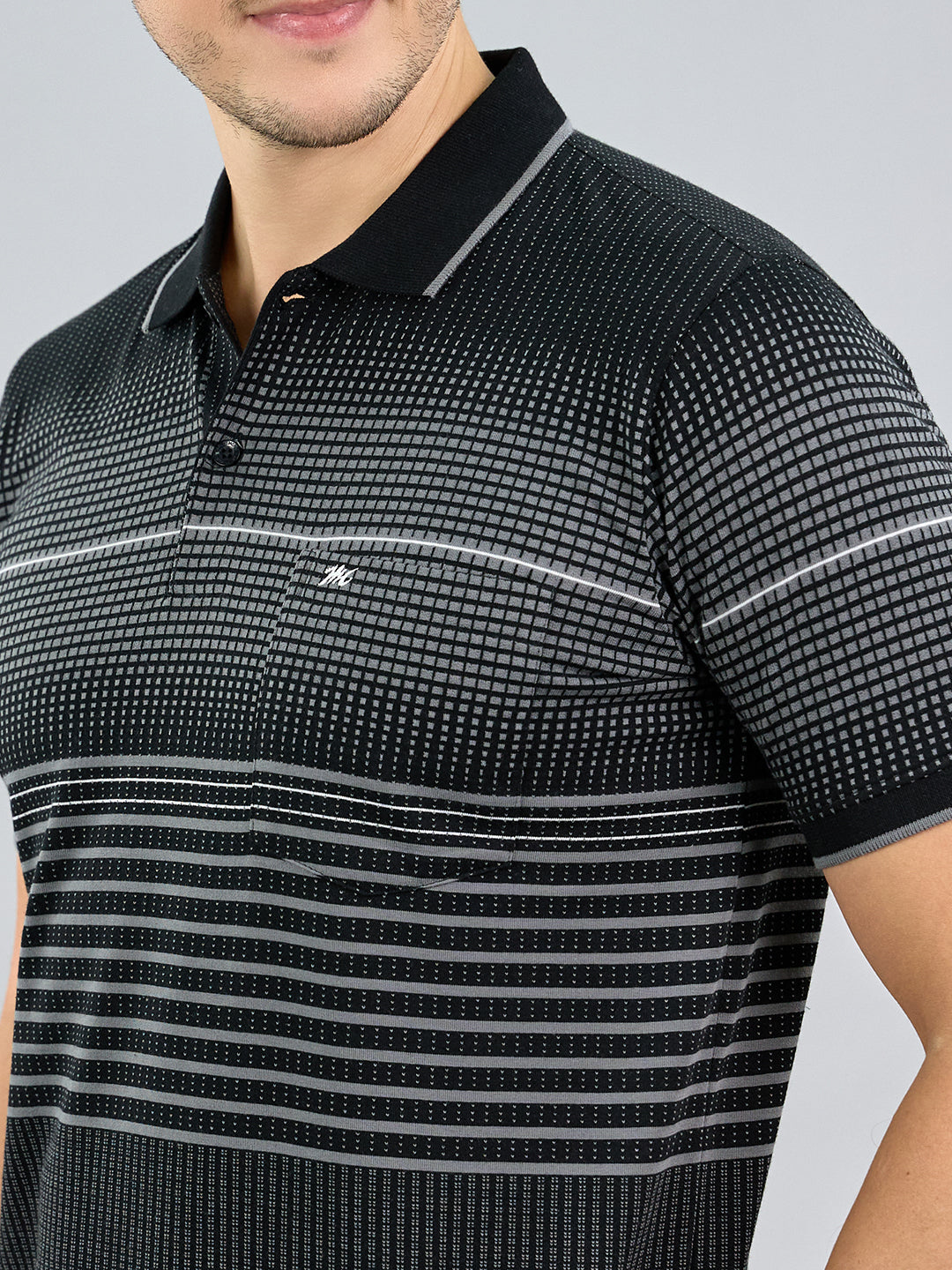 Men Black Stripe Polo Collar Half Sleeve T-Shirt