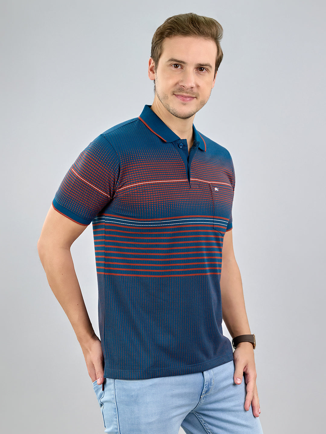 Men Teal Blue Stripe Polo Collar Half Sleeve T-Shirt