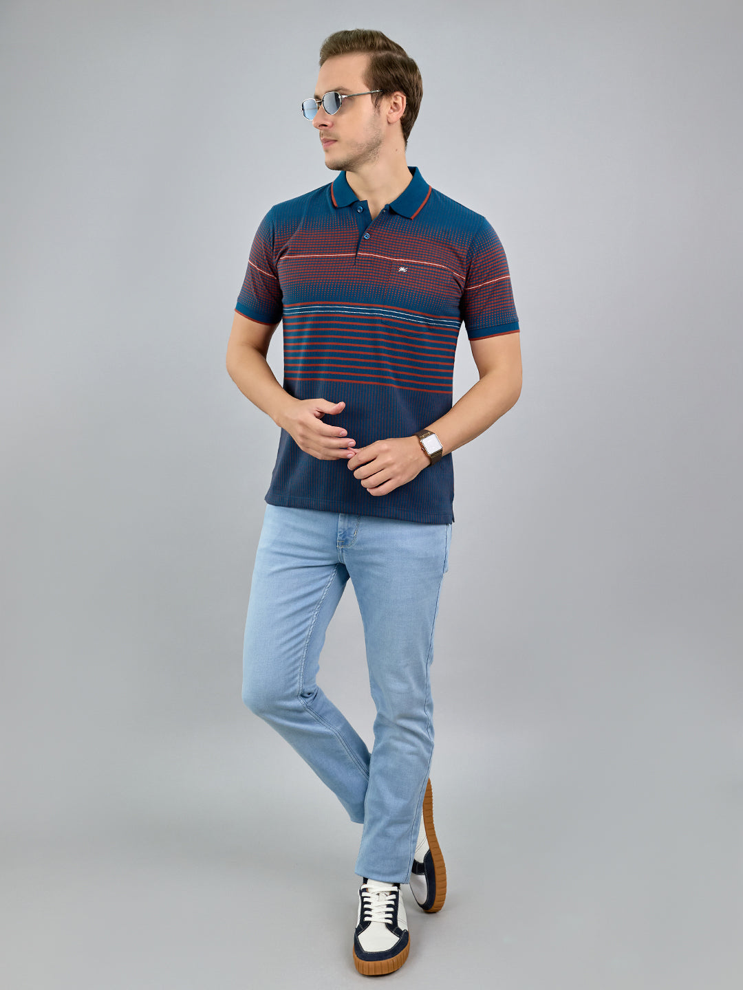 Men Teal Blue Stripe Polo Collar Half Sleeve T-Shirt