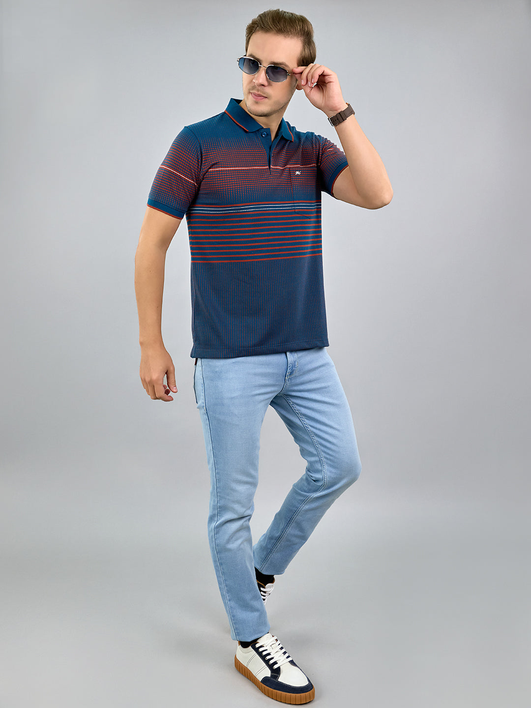 Men Teal Blue Stripe Polo Collar Half Sleeve T-Shirt