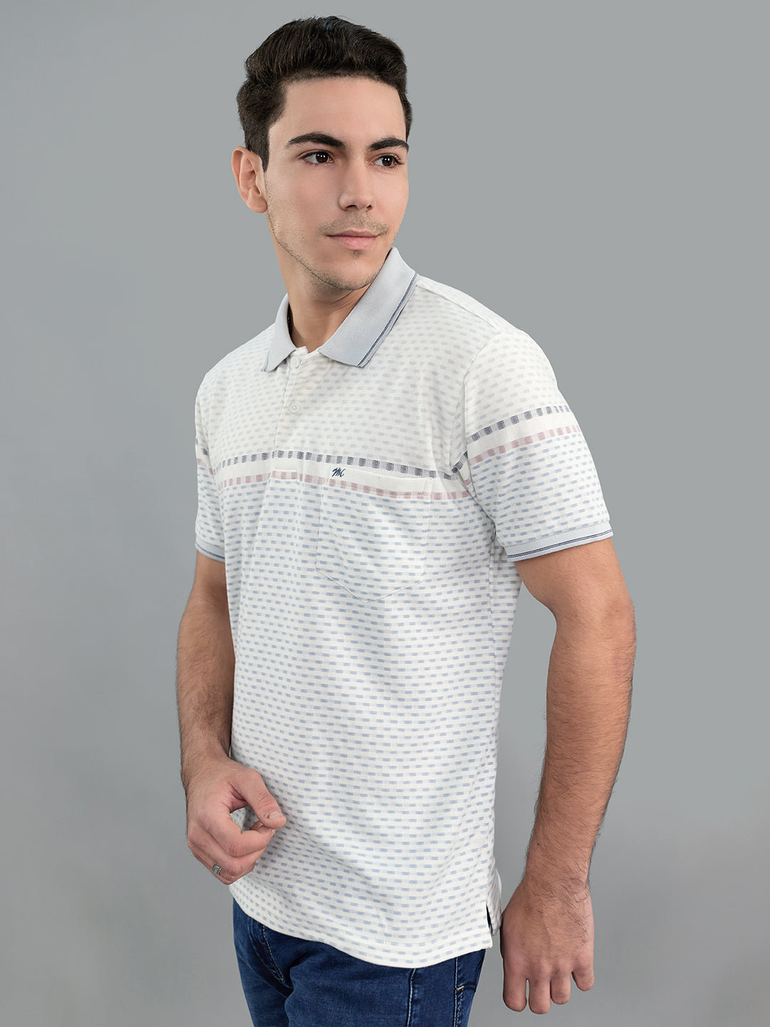 Men Grey Stripe Collar Half Sleeve T-Shirt