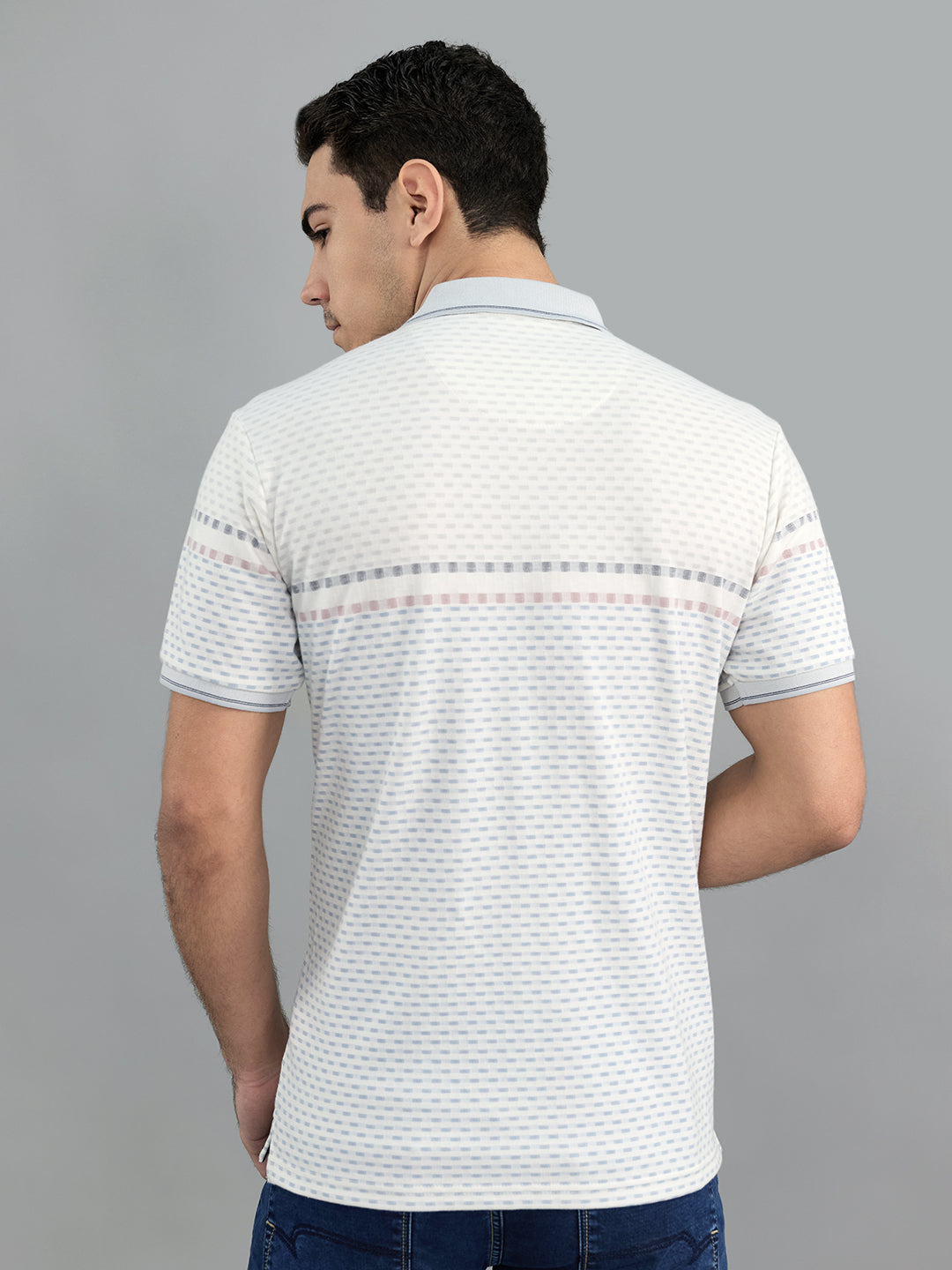 Men Grey Stripe Collar Half Sleeve T-Shirt