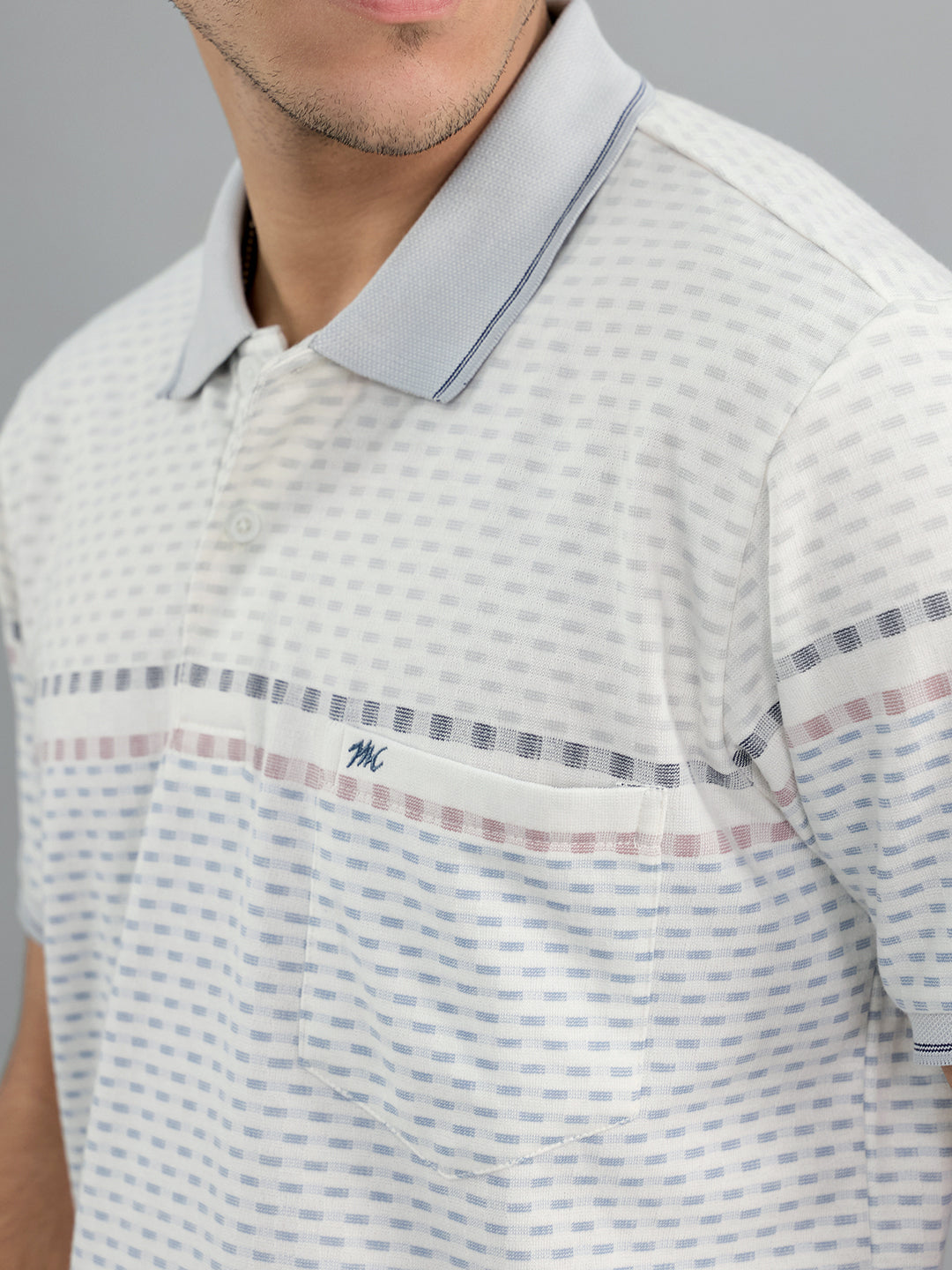 Men Grey Stripe Collar Half Sleeve T-Shirt