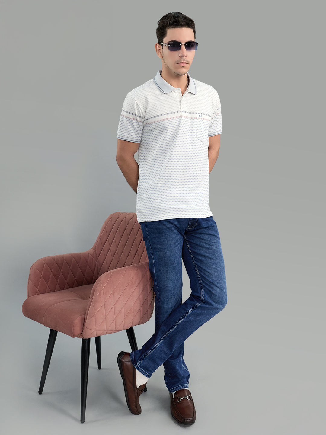 Men Grey Stripe Collar Half Sleeve T-Shirt