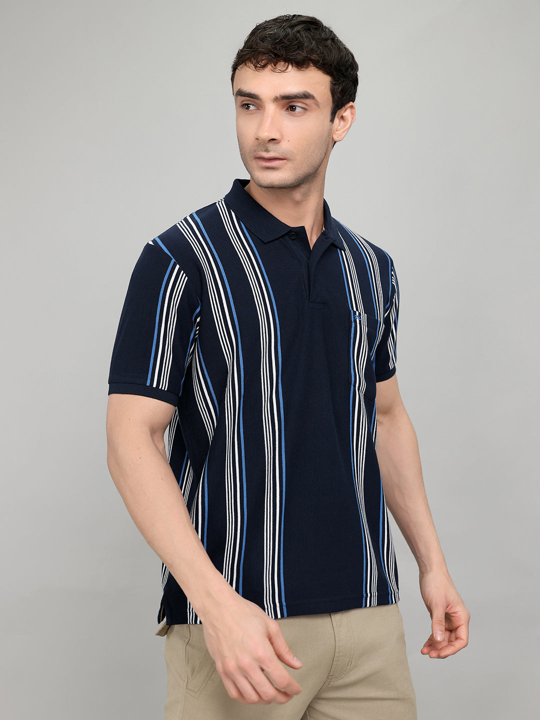 Men Navy Blue Stripe Collar Half Sleeve T-Shirt