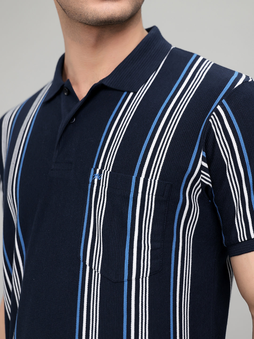 Men Navy Blue Stripe Collar Half Sleeve T-Shirt
