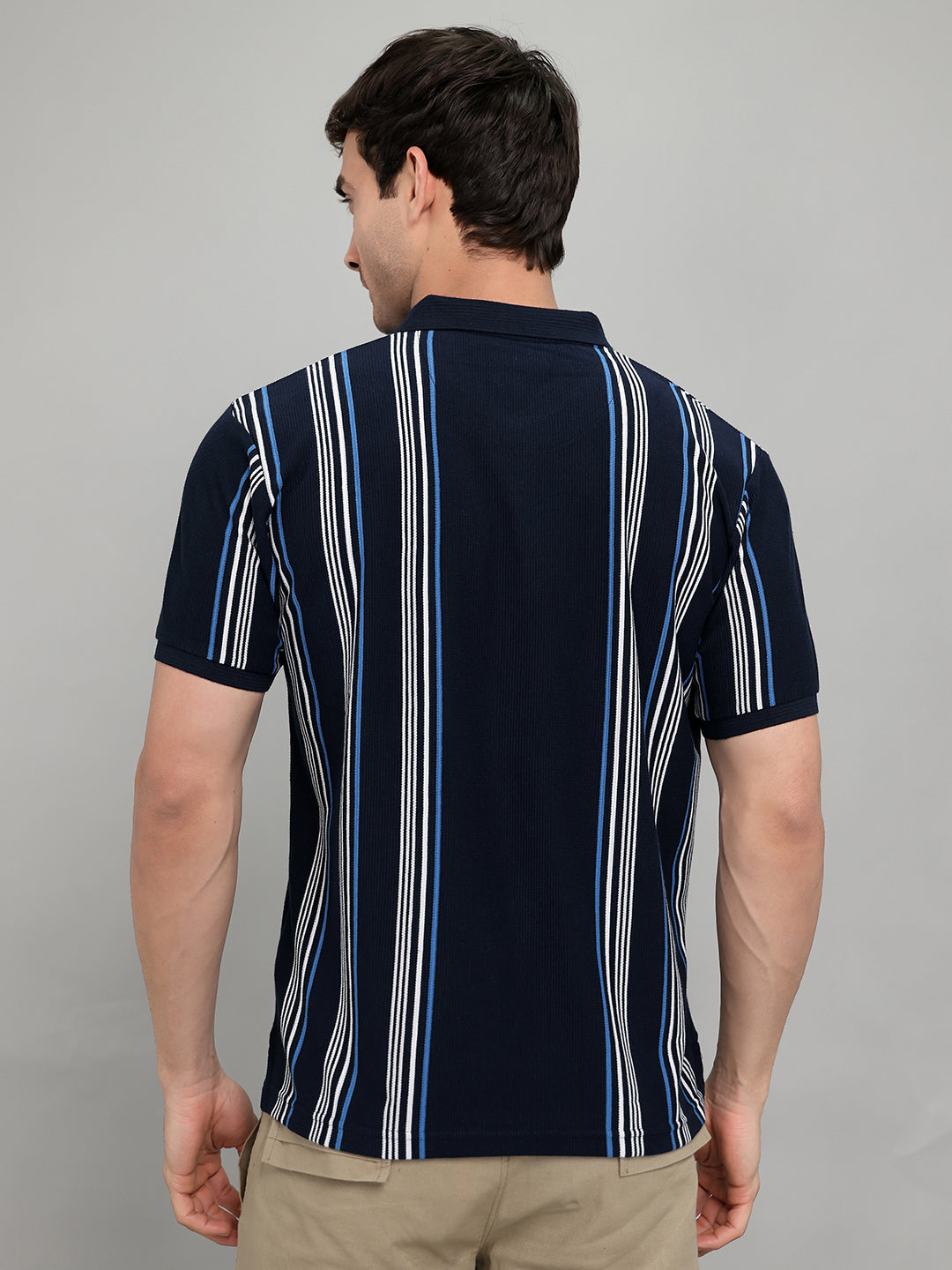 Men Navy Blue Stripe Collar Half Sleeve T-Shirt