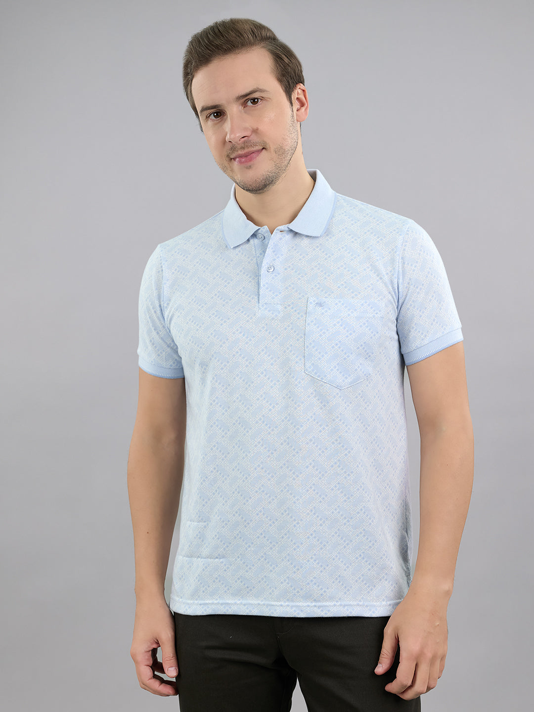 Men Sky Blue Stripe Polo Collar Half Sleeve T-Shirt
