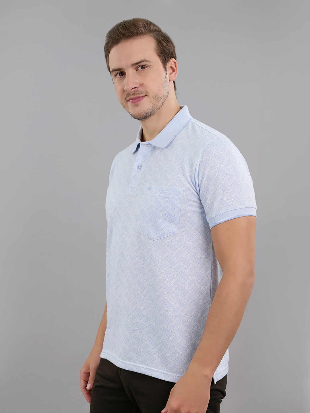 Men Sky Blue Stripe Polo Collar Half Sleeve T-Shirt