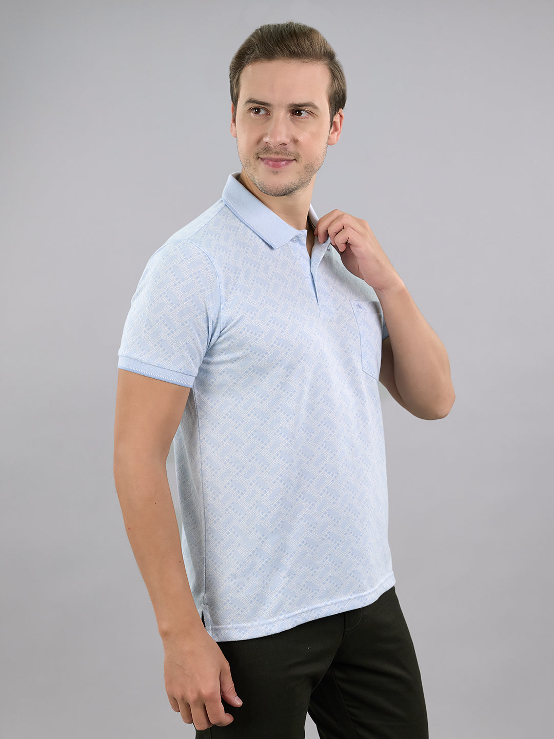 Men Sky Blue Stripe Polo Collar Half Sleeve T-Shirt