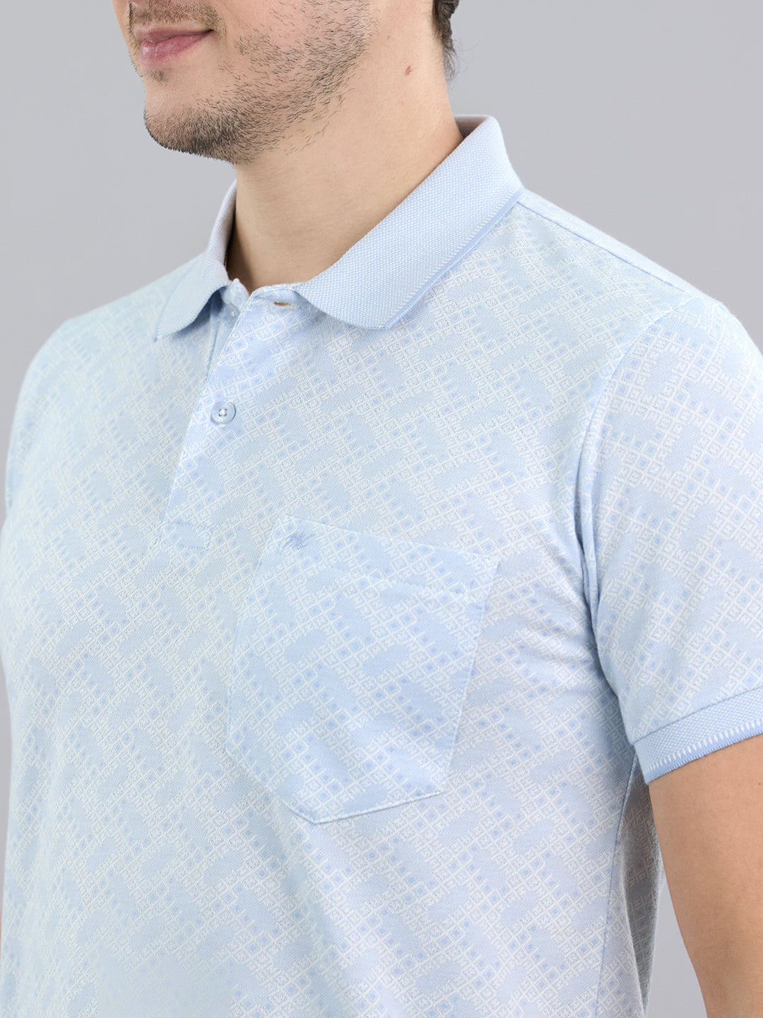 Men Sky Blue Stripe Polo Collar Half Sleeve T-Shirt