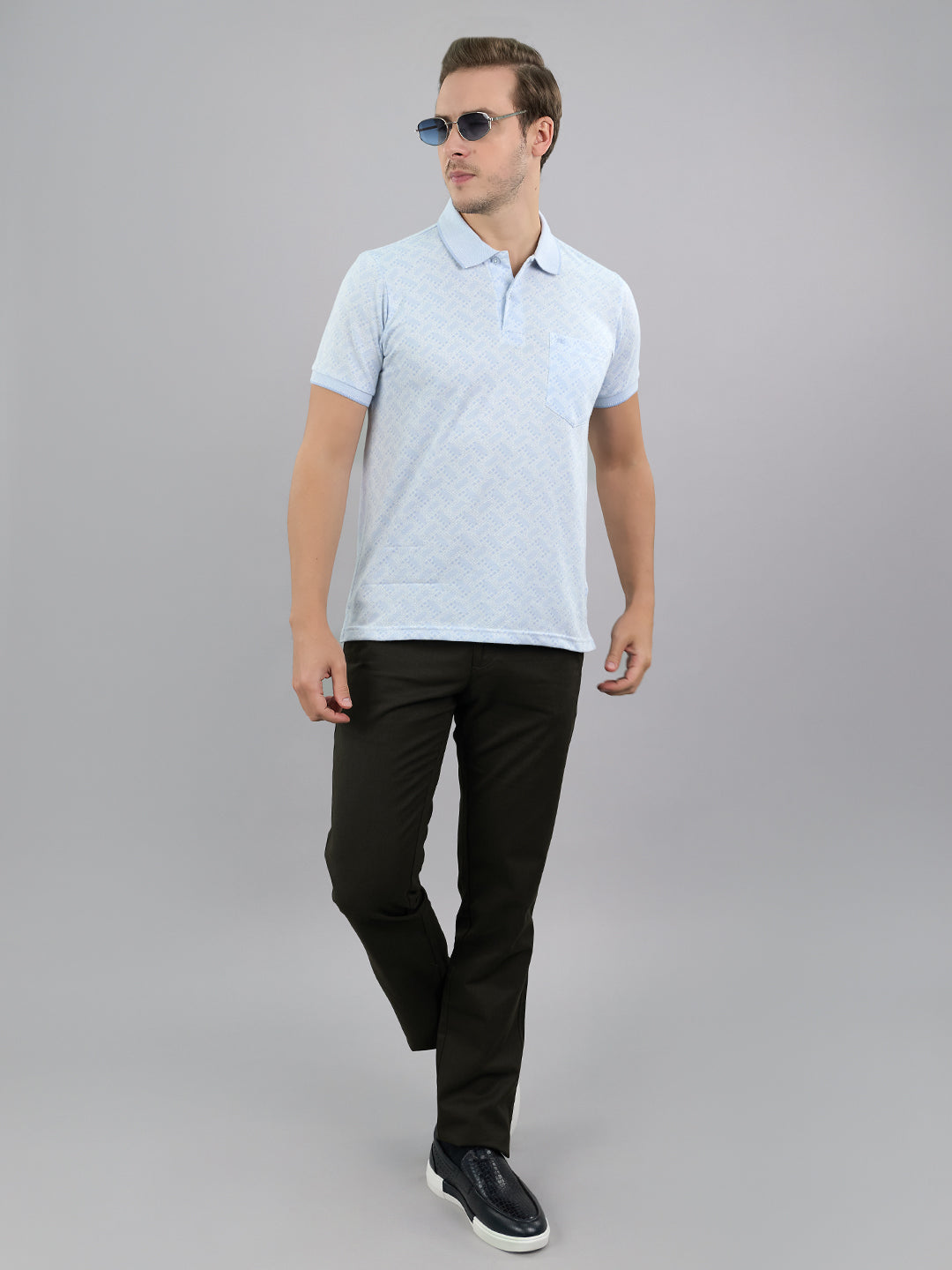Men Sky Blue Stripe Polo Collar Half Sleeve T-Shirt