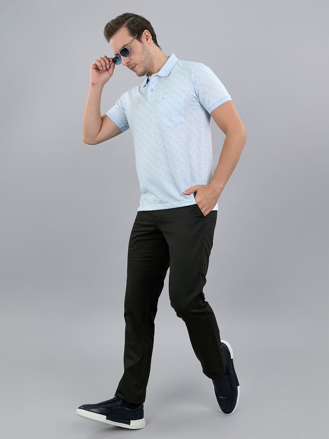 Men Sky Blue Stripe Polo Collar Half Sleeve T-Shirt