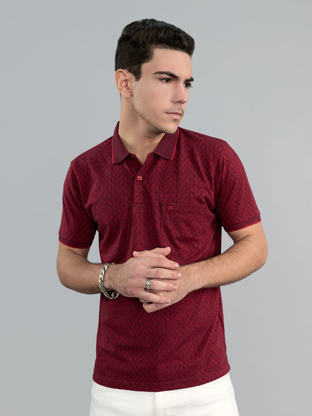 Men Maroon Chevron Polo Collar Half Sleeve T-Shirt