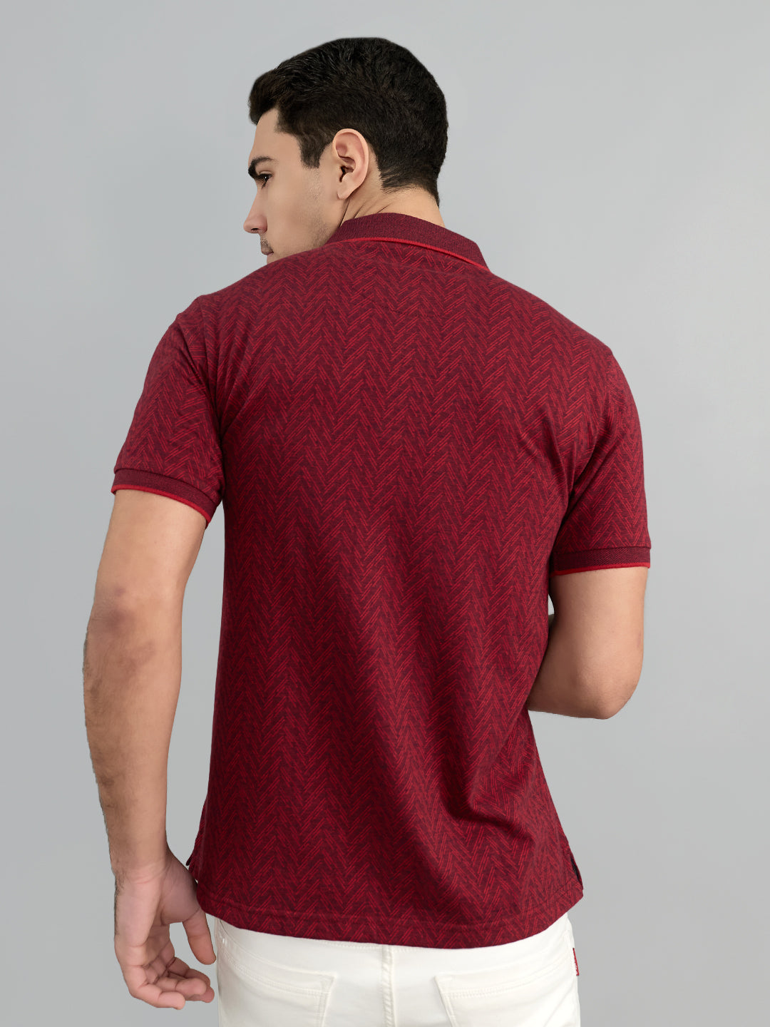 Men Maroon Chevron Polo Collar Half Sleeve T-Shirt