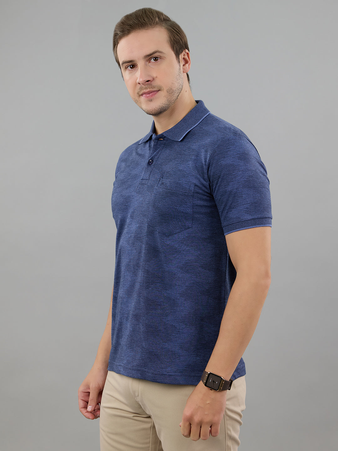Men Blue Stripe Polo Collar Half Sleeve T-Shirt