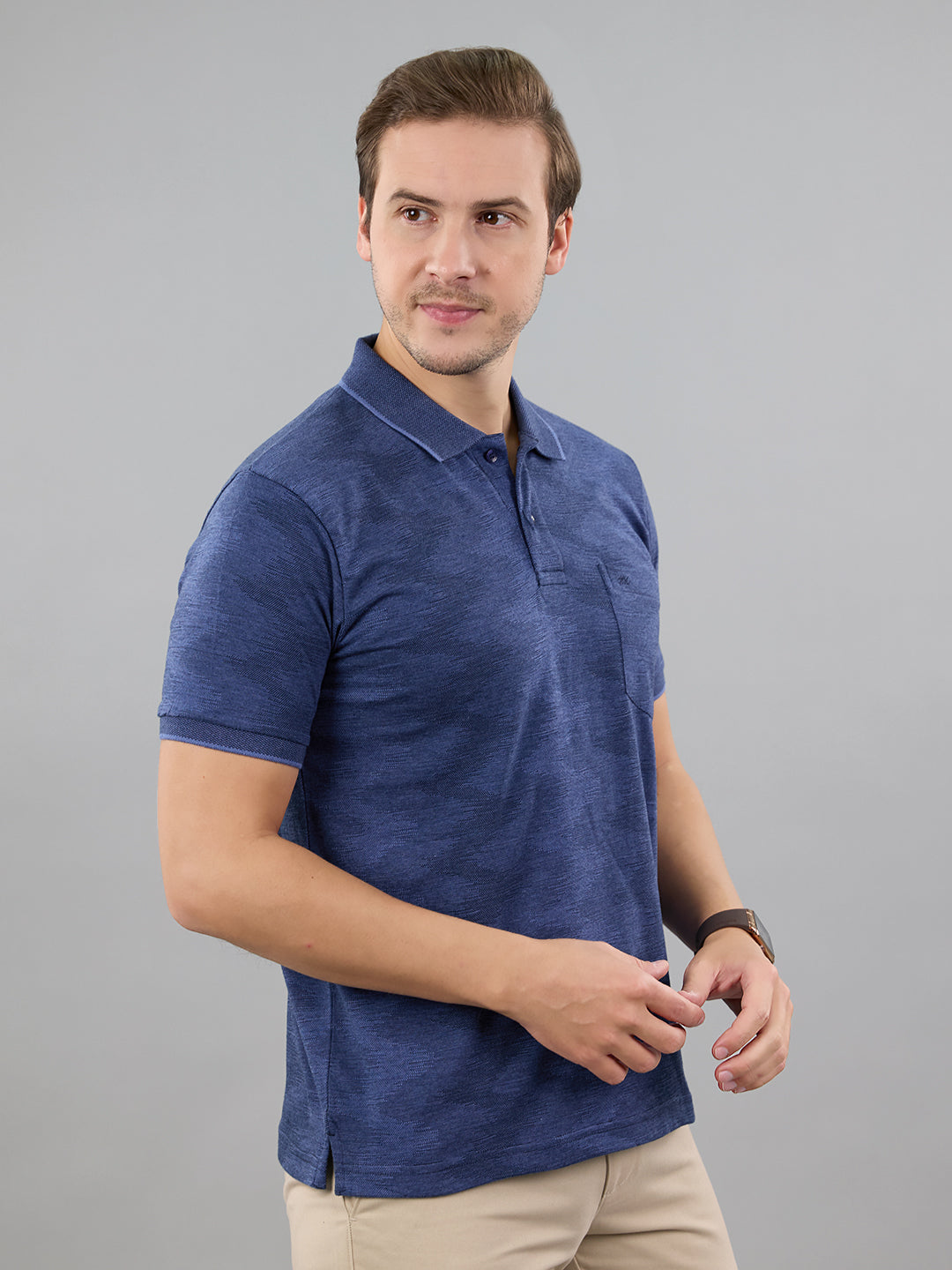 Men Blue Stripe Polo Collar Half Sleeve T-Shirt