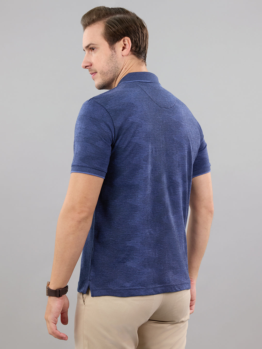 Men Blue Stripe Polo Collar Half Sleeve T-Shirt