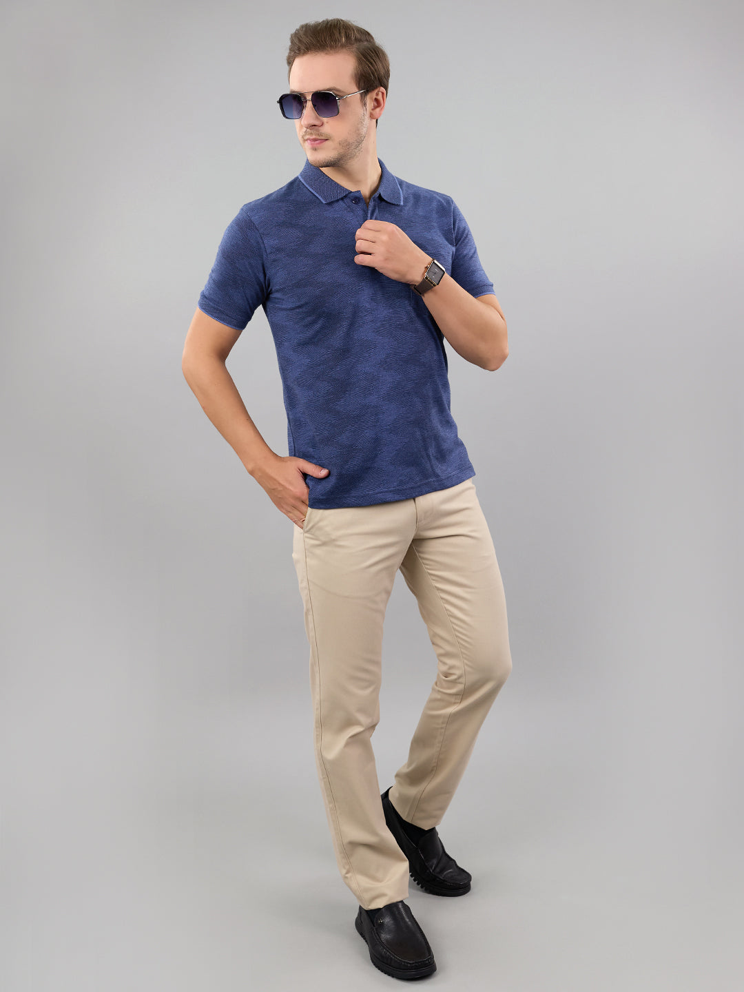 Men Blue Stripe Polo Collar Half Sleeve T-Shirt