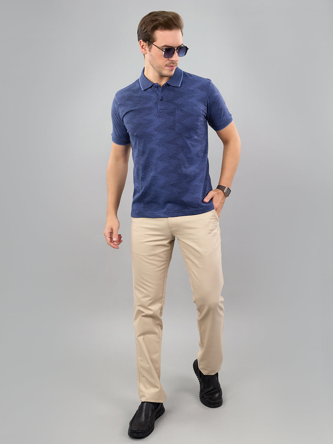 Men Blue Stripe Polo Collar Half Sleeve T-Shirt